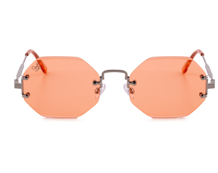 SILVER RIMLESS FRAME WITH ORANGE LENSES