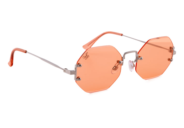 SILVER RIMLESS FRAME WITH ORANGE LENSES