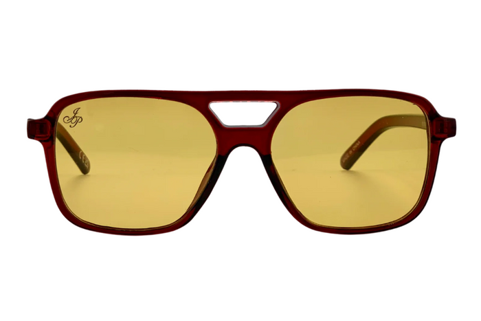 RED AVIATOR FRAME WITH YELLOW LENSES