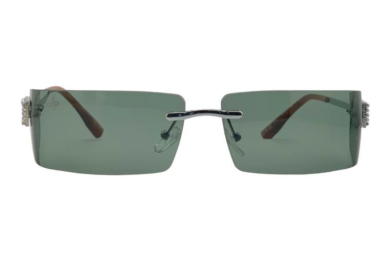 SILVER VISOR FRAME WITH DIAMANTE AND GREEN LENSES
