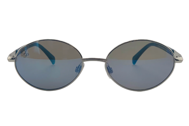 SILVER OVAL FRAME WITH BLUE LENSES