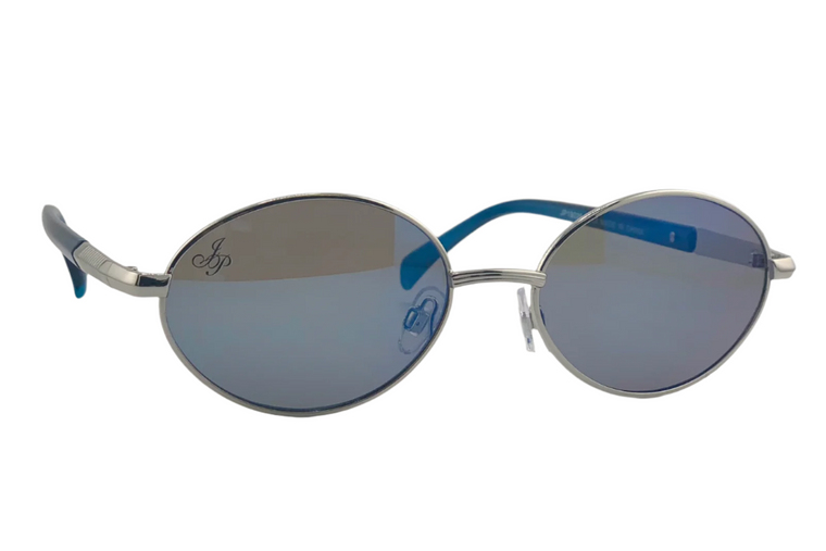 SILVER OVAL FRAME WITH BLUE LENSES