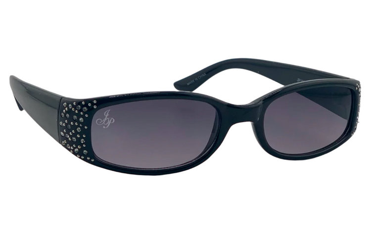 BLACK OVAL FRAME WITH DIAMONTE AND PURPLE LENSES