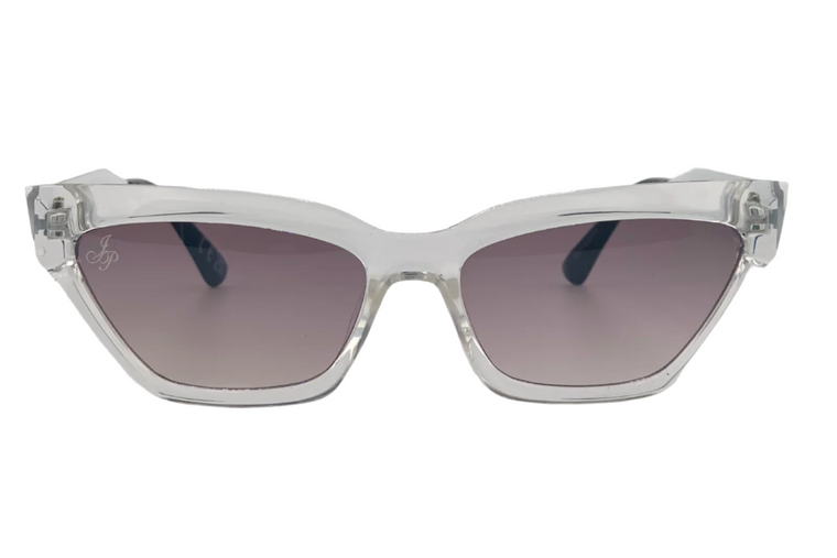 CLEAR CAT EYE FRAME WITH PURPLE LENSES
