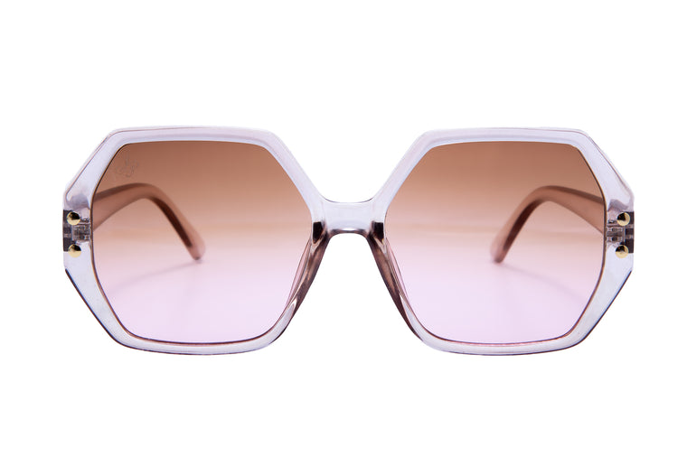 BEIGE HEXAGON FRAMES WITH PINK LENSES