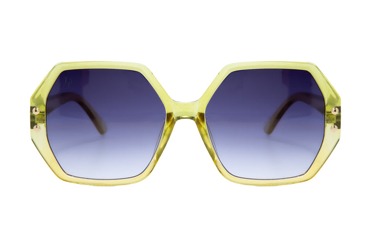 GREEN HEXAGON FRAME WITH BLUE LENSES