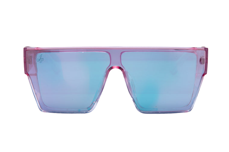 SQUARE FRAME IN PINK WITH PINK TO GREEN MIRROR LENSES