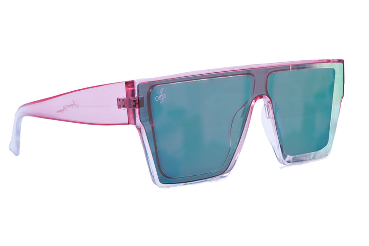 SQUARE FRAME IN PINK WITH PINK TO GREEN MIRROR LENSES