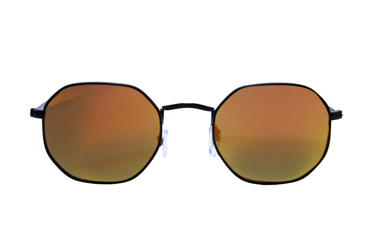 BLACK HEXAGON FRAME WITH ORANGE/GREEN MIRROR LENSES