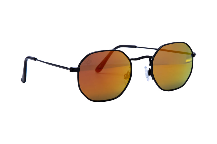 BLACK HEXAGON FRAME WITH ORANGE/GREEN MIRROR LENSES