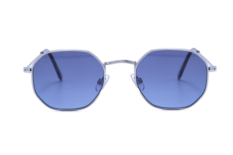 SILVER HEXAGON SHAPE FRAMES WITH BLUE LENSES