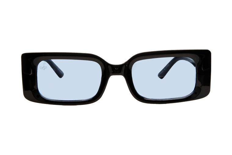 BLACK RECTANGLE FRAME WITH BLUE LENSES