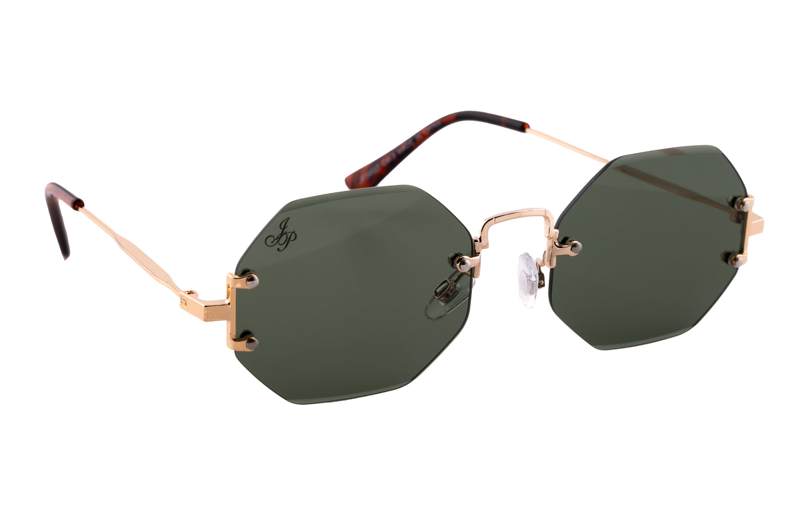 GOLD RIMLESS FRAME WITH GREEN LENSES