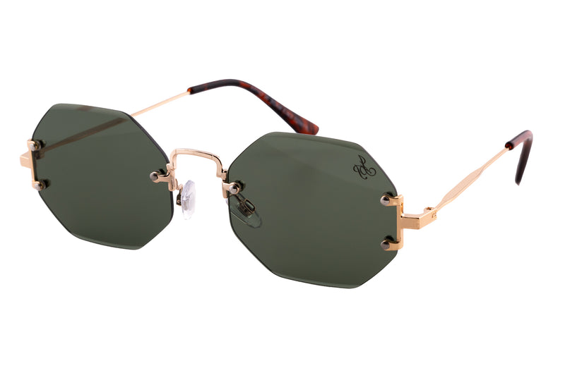 GOLD RIMLESS FRAME WITH GREEN LENSES