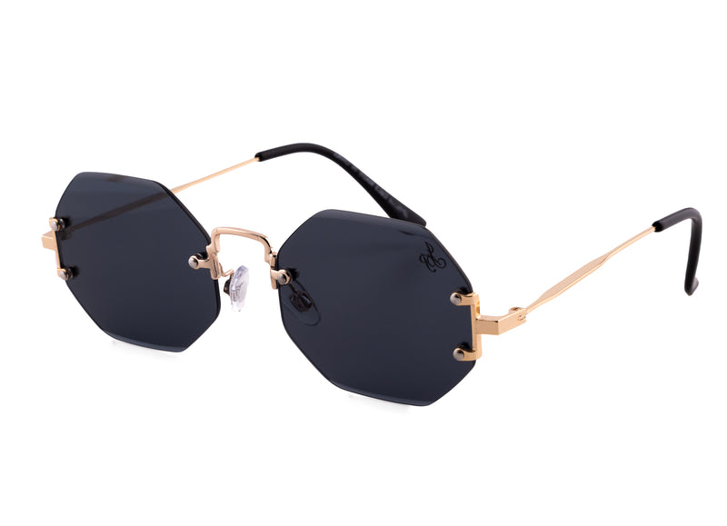 GOLD RIMLESS FRAME WITH BLACK LENSES