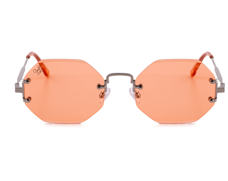 SILVER RIMLESS FRAME WITH ORANGE LENSES