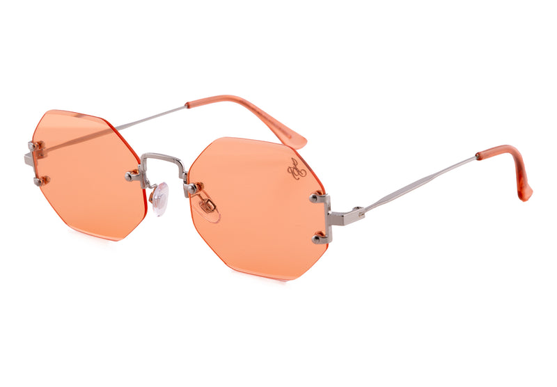 SILVER RIMLESS FRAME WITH ORANGE LENSES