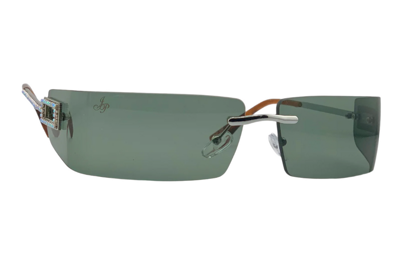 SILVER VISOR FRAME WITH DIAMANTE AND GREEN LENSES