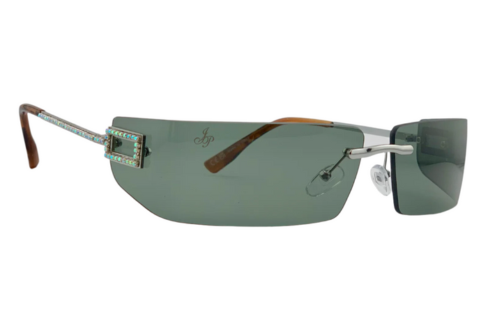 SILVER VISOR FRAME WITH DIAMANTE AND GREEN LENSES