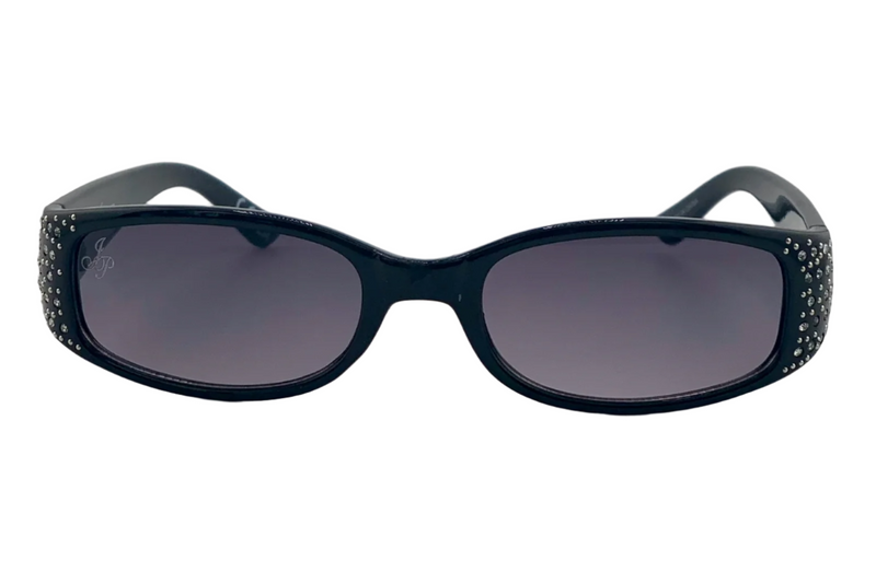 BLACK OVAL FRAME WITH DIAMONTE AND PURPLE LENSES