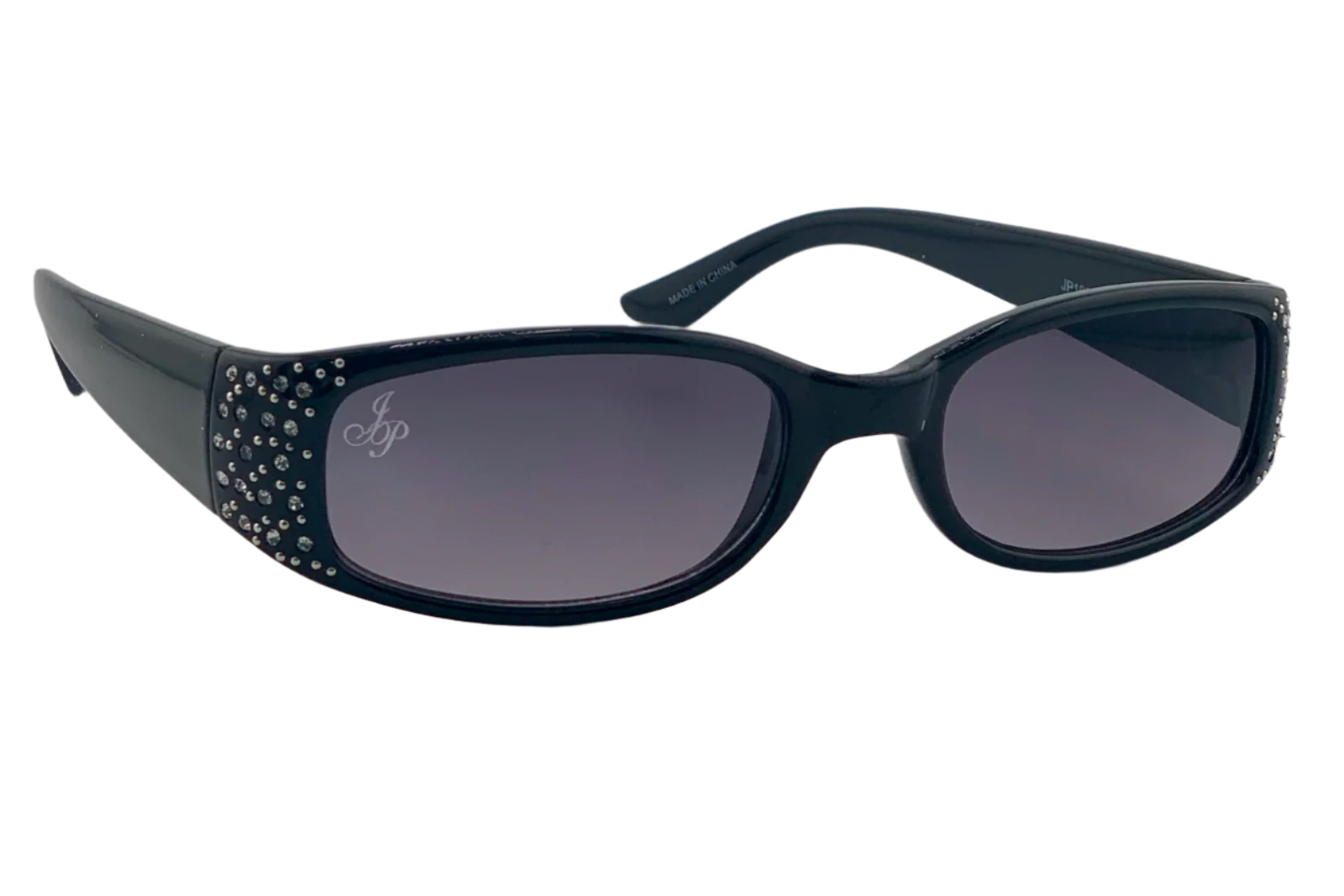 BLACK OVAL FRAME WITH DIAMONTE AND PURPLE LENSES