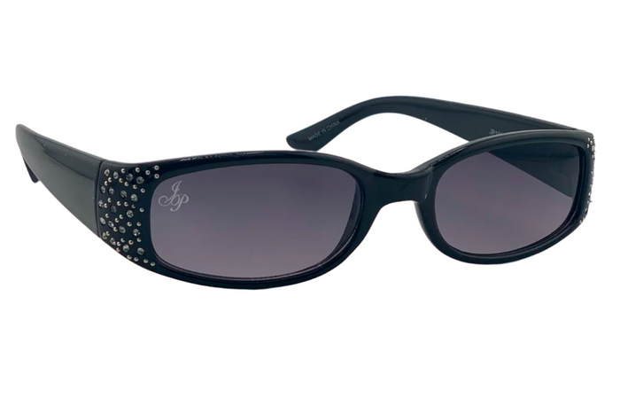 BLACK OVAL FRAME WITH DIAMONTE AND PURPLE LENSES