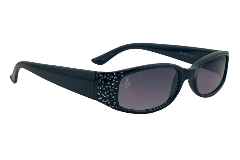 BLACK OVAL FRAME WITH DIAMONTE AND PURPLE LENSES