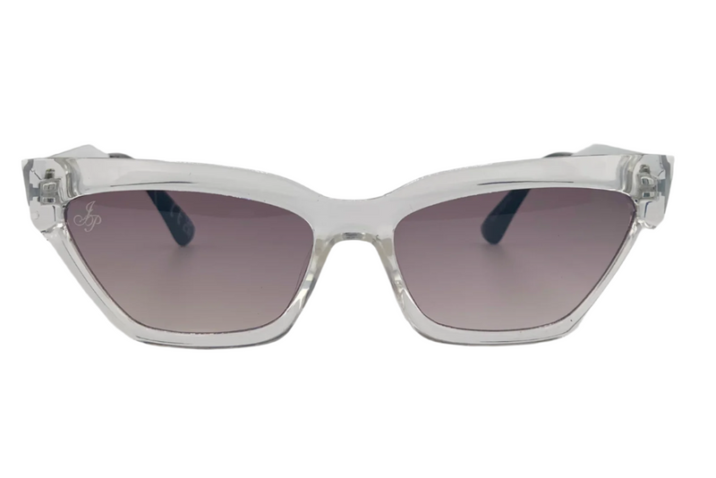 CLEAR CAT EYE FRAME WITH PURPLE LENSES