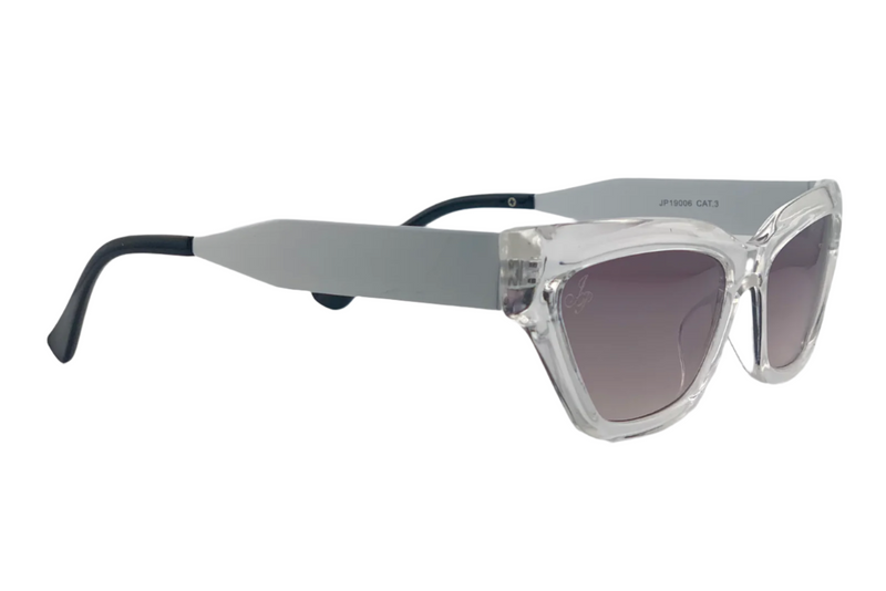 CLEAR CAT EYE FRAME WITH PURPLE LENSES