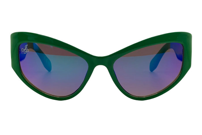GREEN CAT EYE FRAME WITH BLUE LENSES
