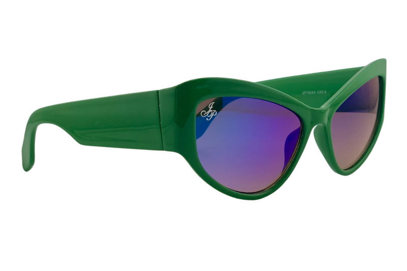 GREEN CAT EYE FRAME WITH BLUE LENSES