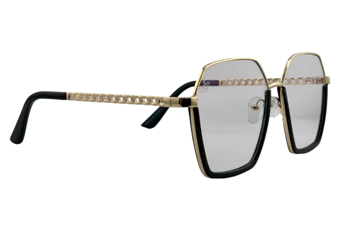 BLACK/GOLD HEXAGON FRAME WITH CLEAR BLUE LIGHT LENSES