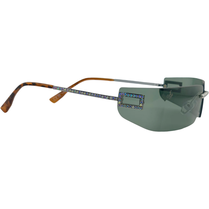 SILVER VISOR FRAME WITH DIAMANTE AND GREEN LENSES
