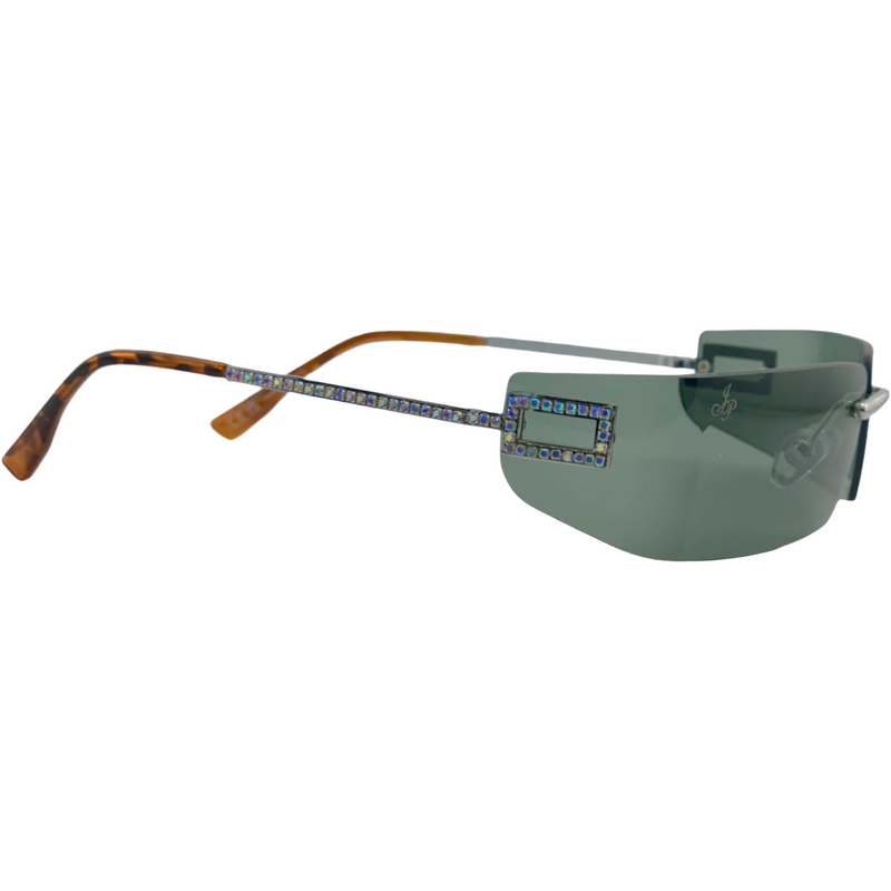 SILVER VISOR FRAME WITH DIAMANTE AND GREEN LENSES