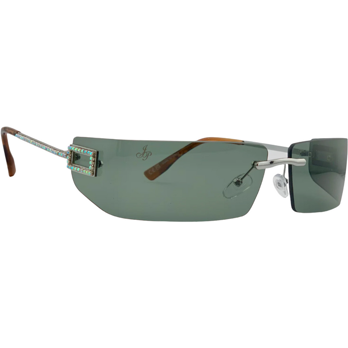 SILVER VISOR FRAME WITH DIAMANTE AND GREEN LENSES