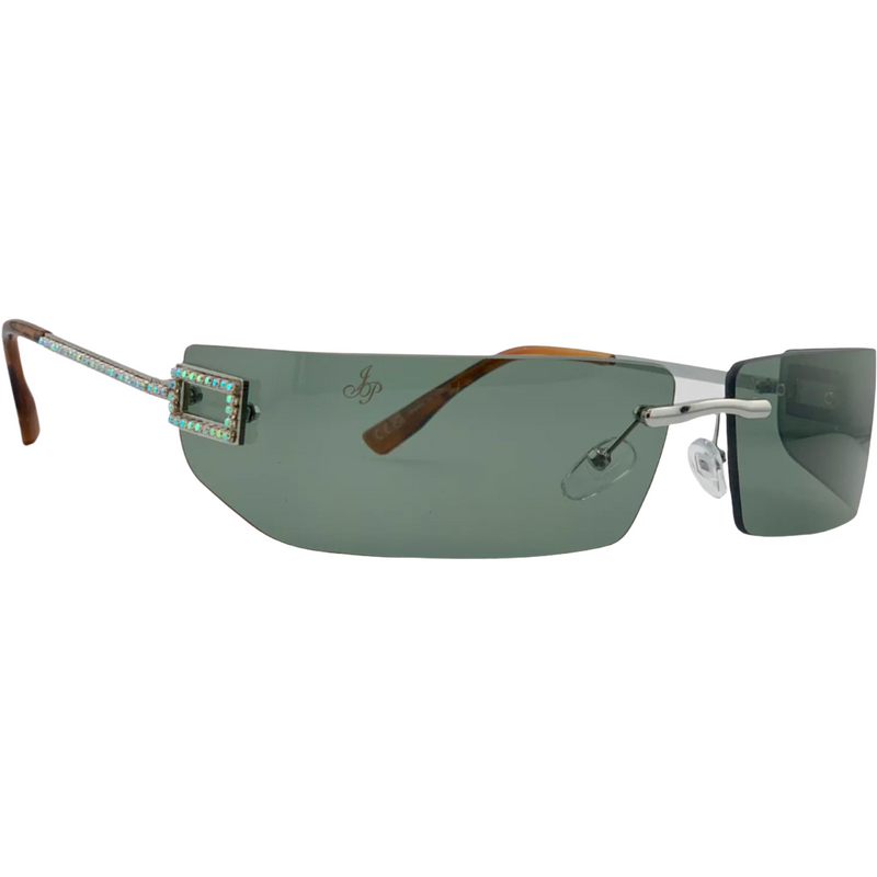 SILVER VISOR FRAME WITH DIAMANTE AND GREEN LENSES