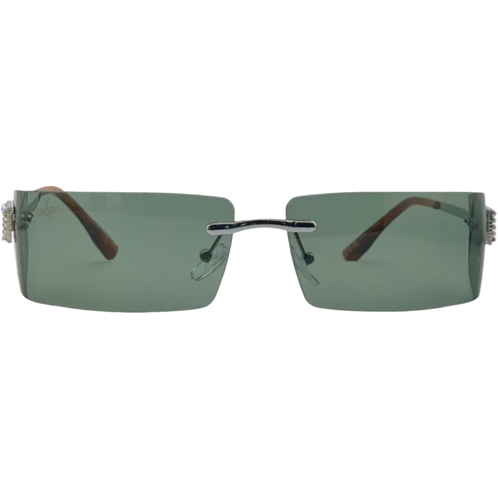 SILVER VISOR FRAME WITH DIAMANTE AND GREEN LENSES
