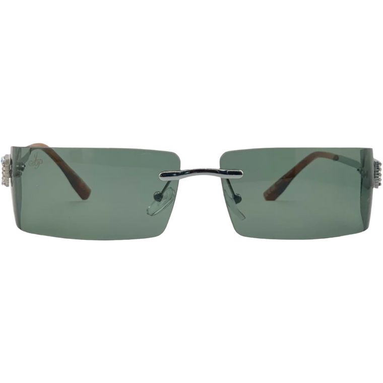 SILVER VISOR FRAME WITH DIAMANTE AND GREEN LENSES