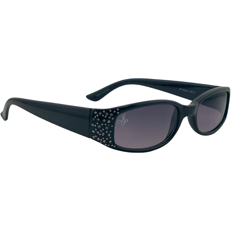 BLACK OVAL FRAME WITH DIAMONTE AND PURPLE LENSES