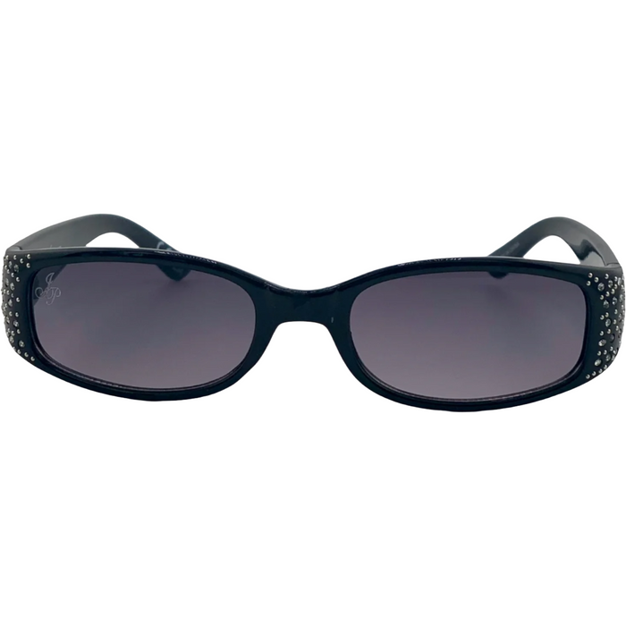 BLACK OVAL FRAME WITH DIAMONTE AND PURPLE LENSES