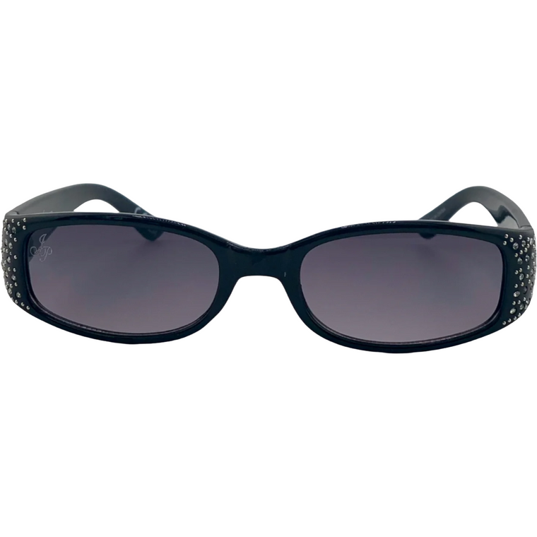 BLACK OVAL FRAME WITH DIAMONTE AND PURPLE LENSES