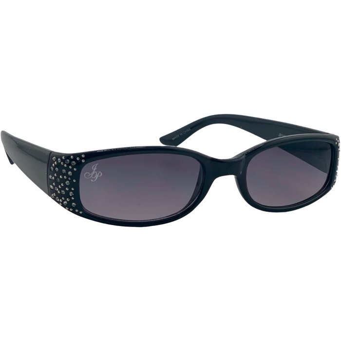 BLACK OVAL FRAME WITH DIAMONTE AND PURPLE LENSES
