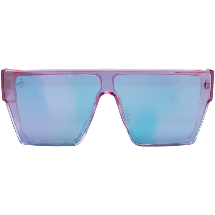 SQUARE FRAME IN PINK WITH PINK TO GREEN MIRROR LENSES
