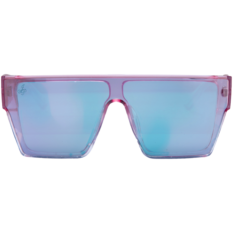 SQUARE FRAME IN PINK WITH PINK TO GREEN MIRROR LENSES