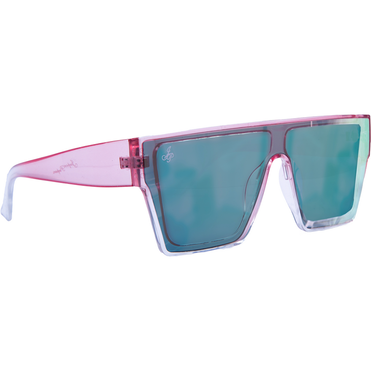 SQUARE FRAME IN PINK WITH PINK TO GREEN MIRROR LENSES