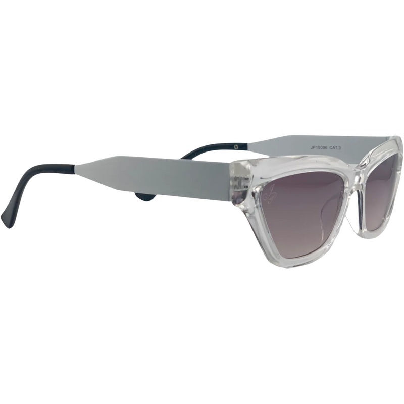 CLEAR CAT EYE FRAME WITH PURPLE LENSES