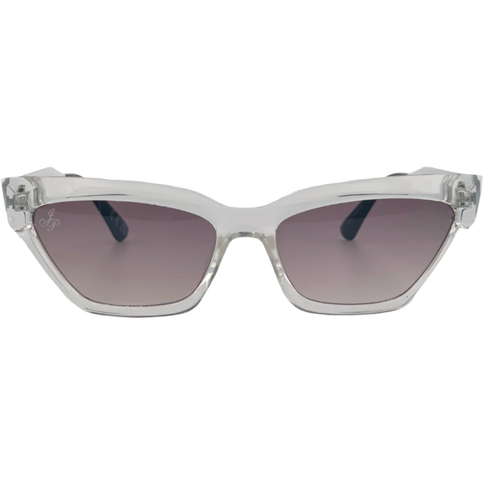 CLEAR CAT EYE FRAME WITH PURPLE LENSES