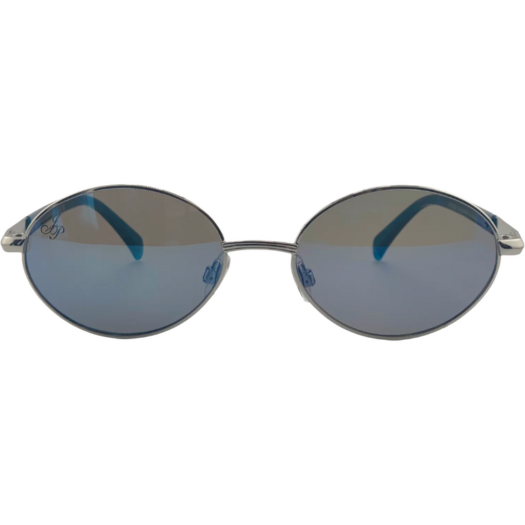 SILVER OVAL FRAME WITH BLUE LENSES