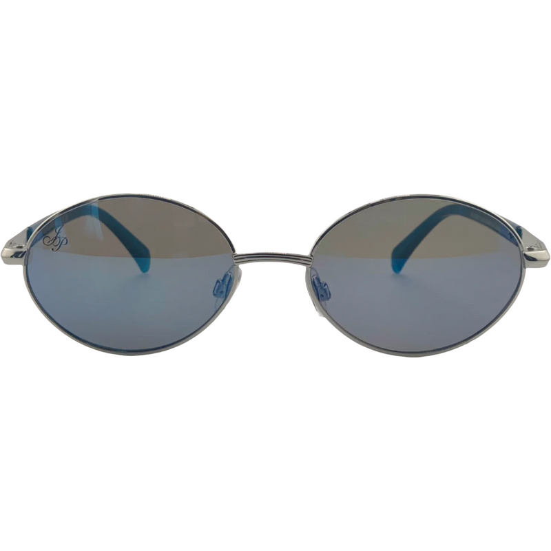 SILVER OVAL FRAME WITH BLUE LENSES