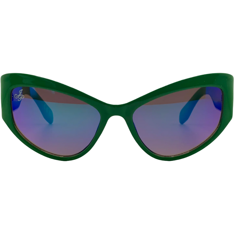 GREEN CAT EYE FRAME WITH BLUE LENSES